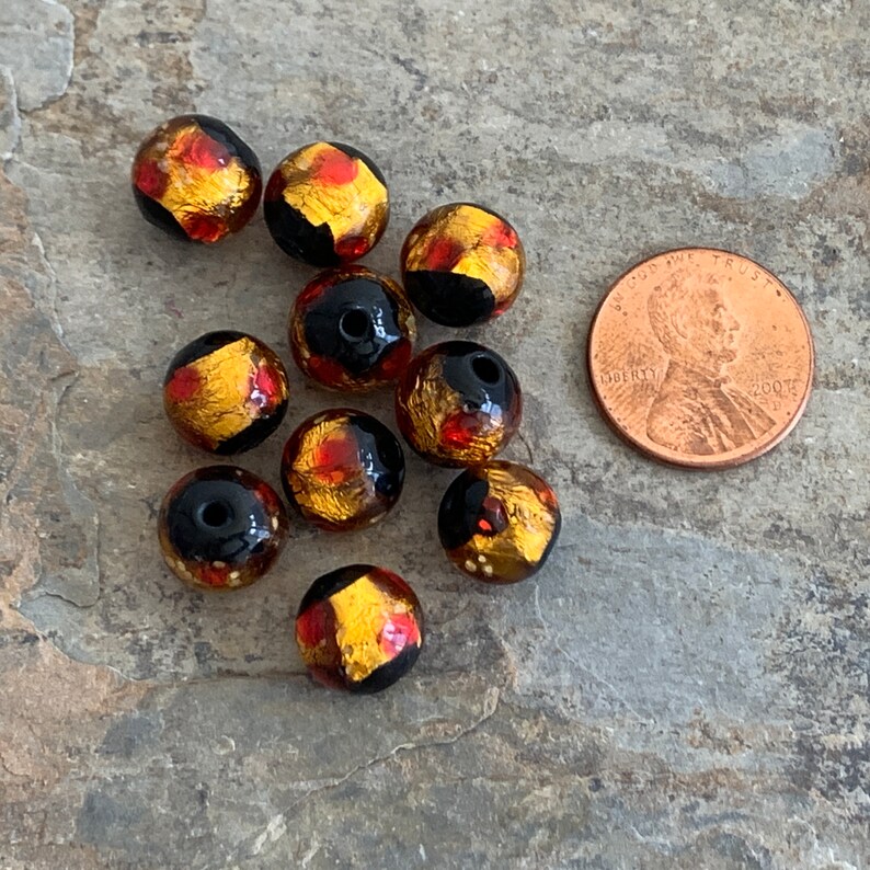 10mm Gold Red and Black Foil Lined Glass Round Beads 10 beads per package