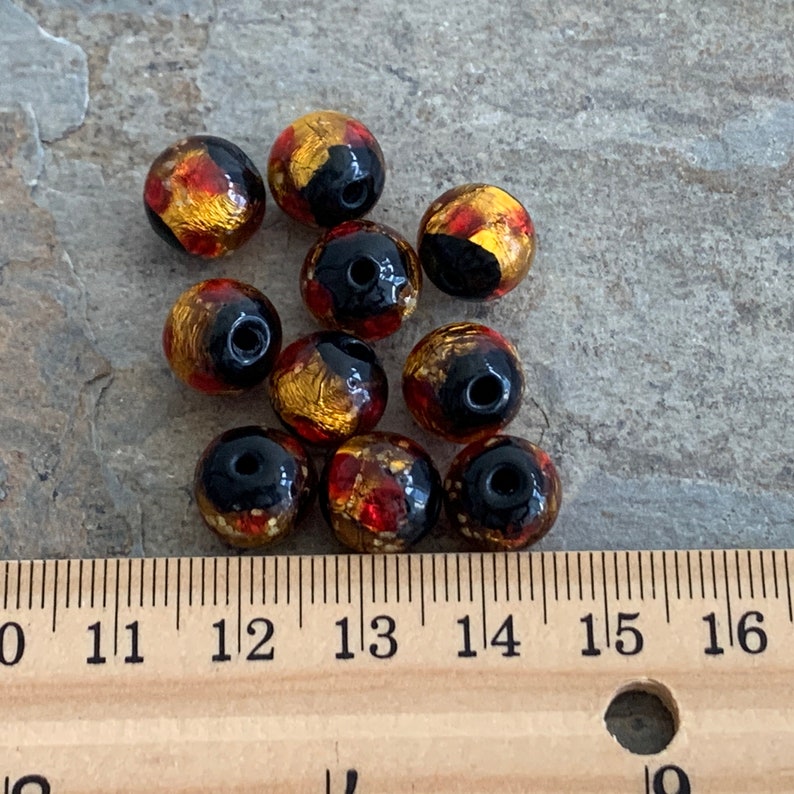 10mm Gold Red and Black Foil Lined Glass Round Beads 10 beads per package