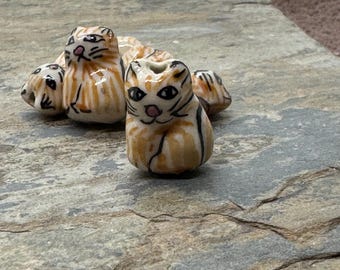 Striped Orange Cat Beads: Porcelain Animal Charms, 6 pc