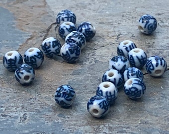 Chinoiserie Porcelain Beads: Blue and White Longevity Symbols (6mm, 20pc)