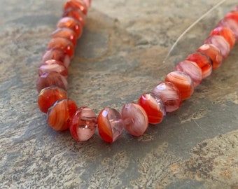 Faceted Mottled Red with White and Clear Beads, Glass Beads, 8.5 x 6mm, 8 inch strand