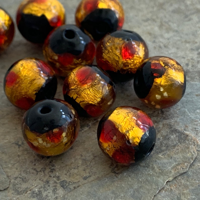 10mm Gold Red and Black Foil Lined Glass Round Beads 10 beads per package