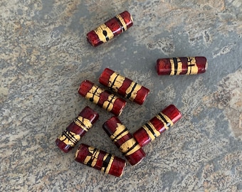 Red & Gold Foil Glass Tube Beads (8 pc)