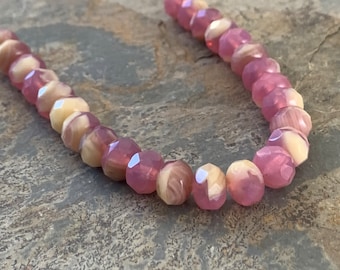 Faceted Mottled Pink with Beige Beads, Glass Beads, 8.5 x 6mm, 8 inch strand