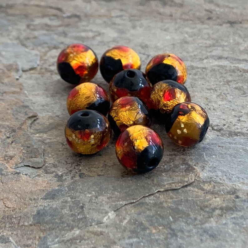 10mm Gold Red and Black Foil Lined Glass Round Beads 10 beads per package
