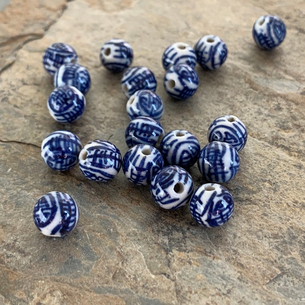 Perles de longévité en porcelaine chinoises, bleu et blanc, 8 mm, 20 perles par paquet