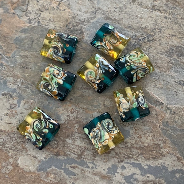 Teal and Yellow Lamp work Glass Square Beads, 15 x 15 x 7mm, 8 beads per package