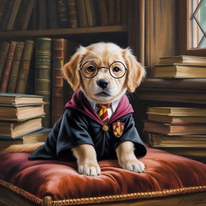 Può includere: Un cucciolo di golden retriever con occhiali rotondi, una veste nera con colletto bordeaux e cravatta a righe, seduto su un cuscino di velluto rosso. Lo sfondo presenta una libreria piena di libri.