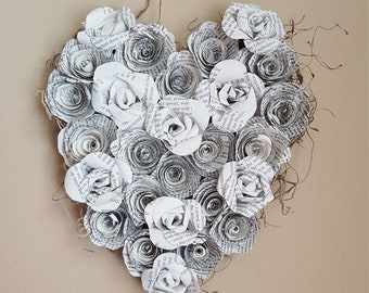 Sale! Heart shaped paper roses wreath book page flowers farmhouse  tiered tray decor bride/groom chair decor, pew flowers, cupboard door