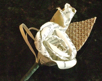 vintage book page paper rose flower boutonniere or buttonhole with burlap leaf for weddings and prom