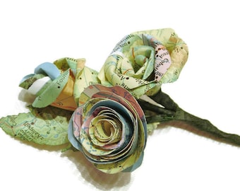 vintage map atlas paper rose and bud boutonniere for groom, wedding, formal occasions