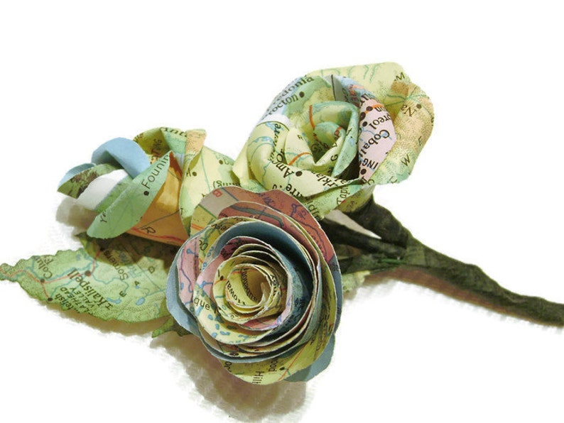 vintage map atlas paper rose and bud boutonniere for groom, wedding, formal occasions image 1