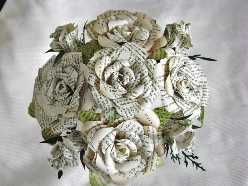 buds and blooms book page bouquet with leaves wedding bride bridesmaid toss centerpiece recycled paper flowers image 2