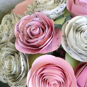 one dozen hymnal sheet music and pink cardstock cabbage rose spiral paper flower bouquet alternative bride bridesmaid ready to ship