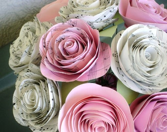 one dozen hymnal sheet music and pink cardstock cabbage rose spiral paper flower bouquet alternative bride bridesmaid ready to ship