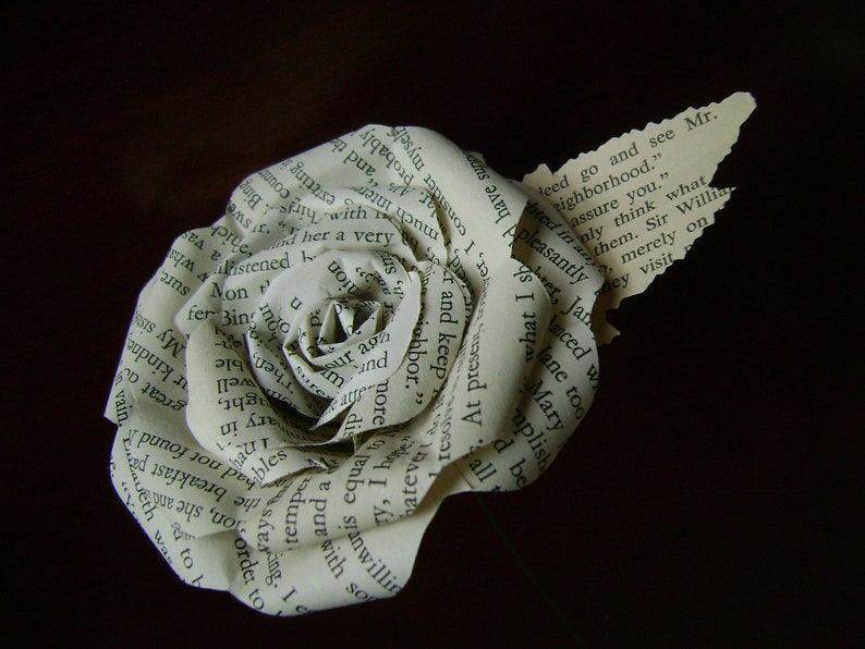 Jane Austen Pride and Prejudice vintage book paper flower rose with leaf on stem or any other of Jane Austen's books image 3