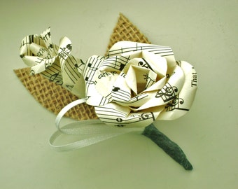 vintage sheet music paper rose and bud boutonniere buttonhole with burlap leaves for weddings and proms