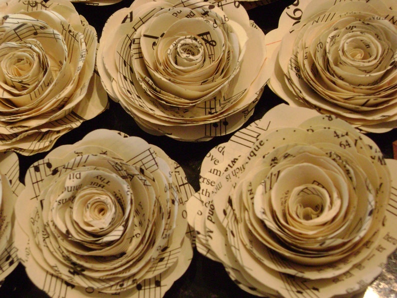 Set of 12 2 inch vintage sheet music hymnal pages spiral rolled paper roses stemless flowers for wedding bouquets and decorations image 3