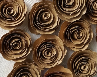 kraft paper spiral roses for scrapbooks, cards, weddings made from recycled paper bags