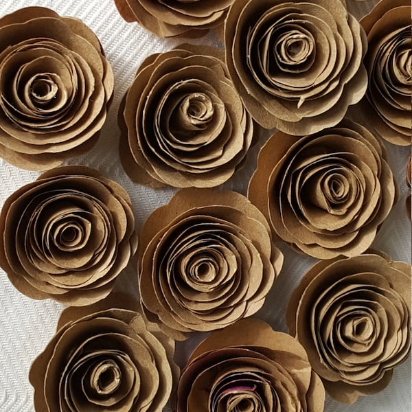 kraft paper spiral roses for scrapbooks, cards, weddings made from recycled paper bags