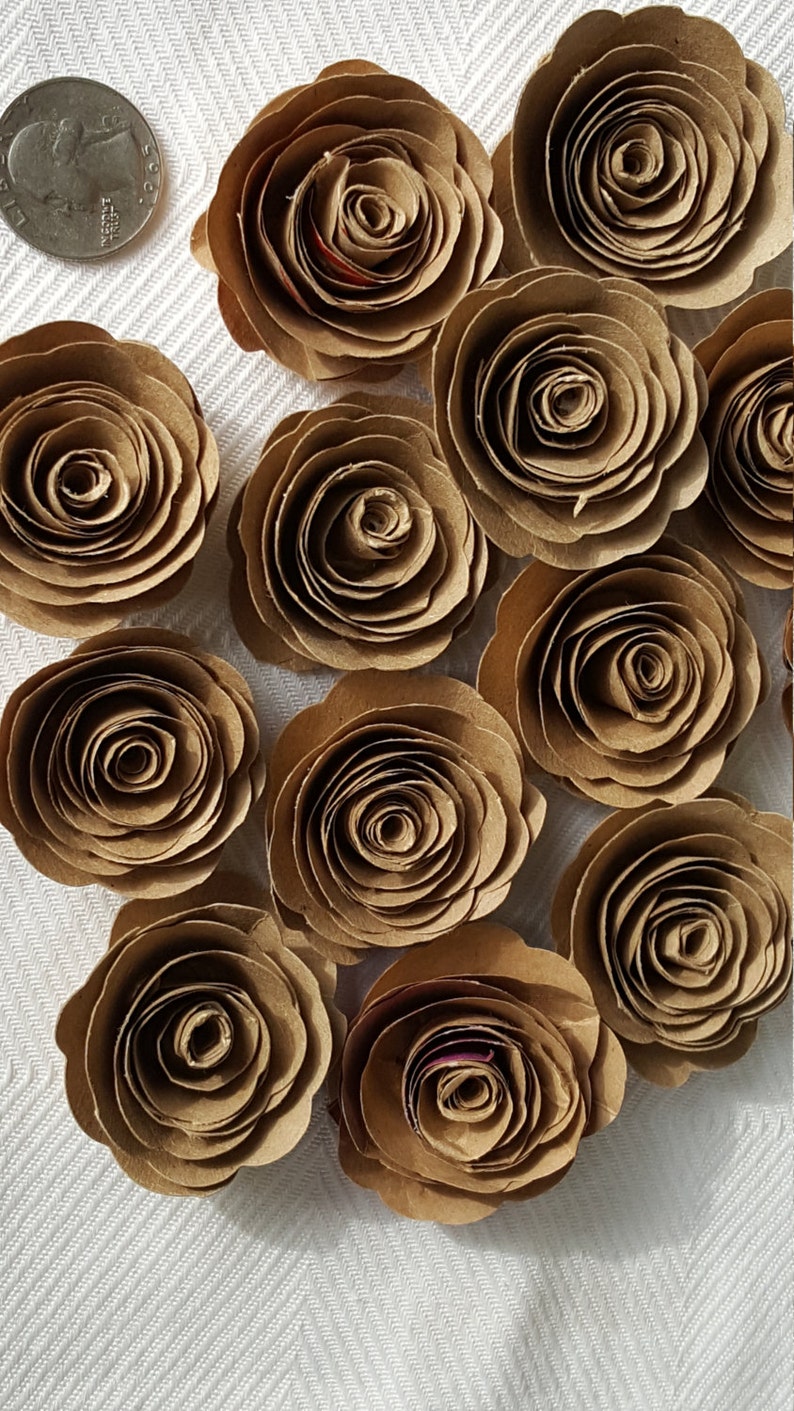 kraft paper spiral roses for scrapbooks, cards, weddings made from recycled paper bags image 1