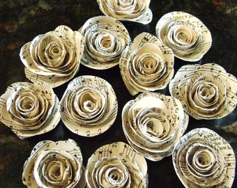 Dozen  1. 25"-1.75"    hymnal sheet music page spiral roses embellishments recycled vintage books