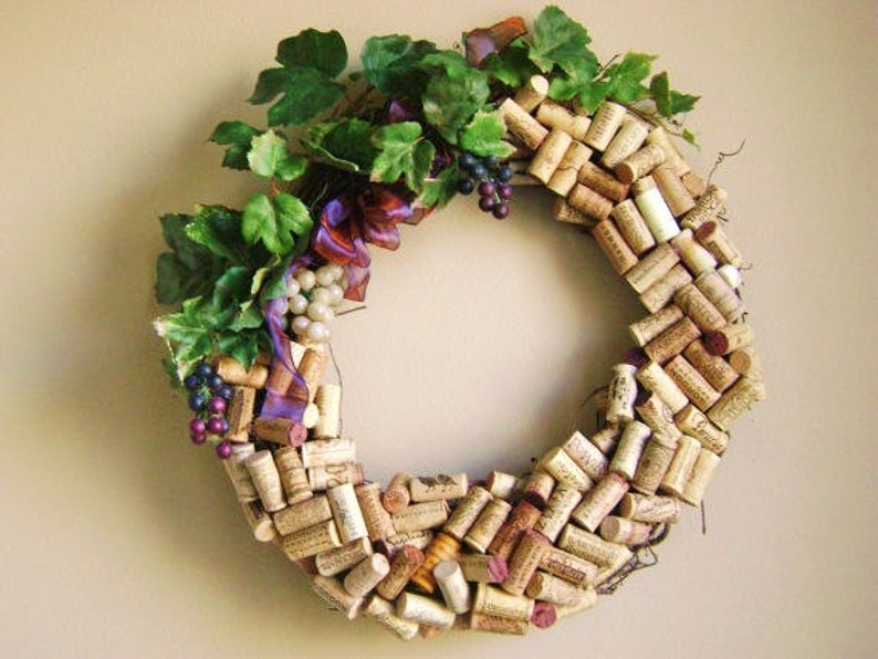 18 original recycled wine cork wreath Washington state and other PNW wineries silk leaves and fake grapes on grapevine wreath image 1