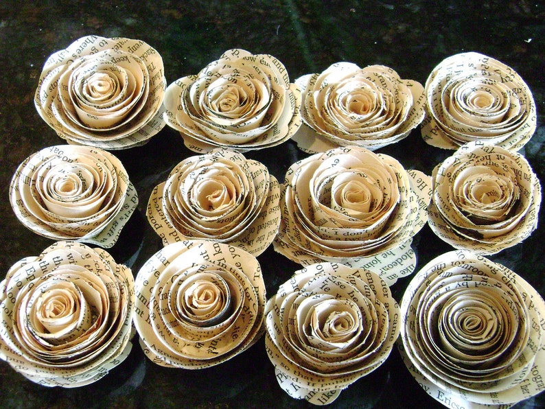 1 tiny spiral paper flower roses flat back no stems made from vintage book pages image 1