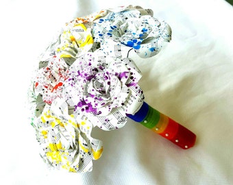 rainbow paint splattered hymnal sheet music paper roses bridal bouquet deluxe book page  wedding decor toss centerpiece