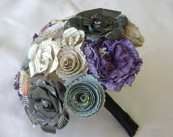 Bridal bouquet with black astronomy roses, purple carnations , vintage book page roses  alternative goth steampunk genre recycled bridesmaid