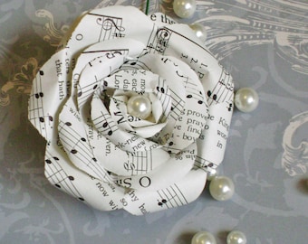 hymnal sheet music paper rose boutonniere buttonhole with faux pearl center for groom wedding decoration recycled