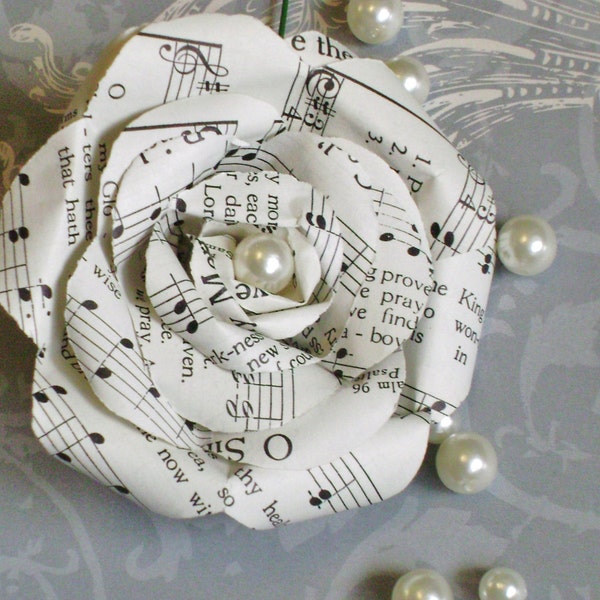 hymnal sheet music paper rose boutonniere buttonhole with faux pearl center for groom wedding decoration recycled