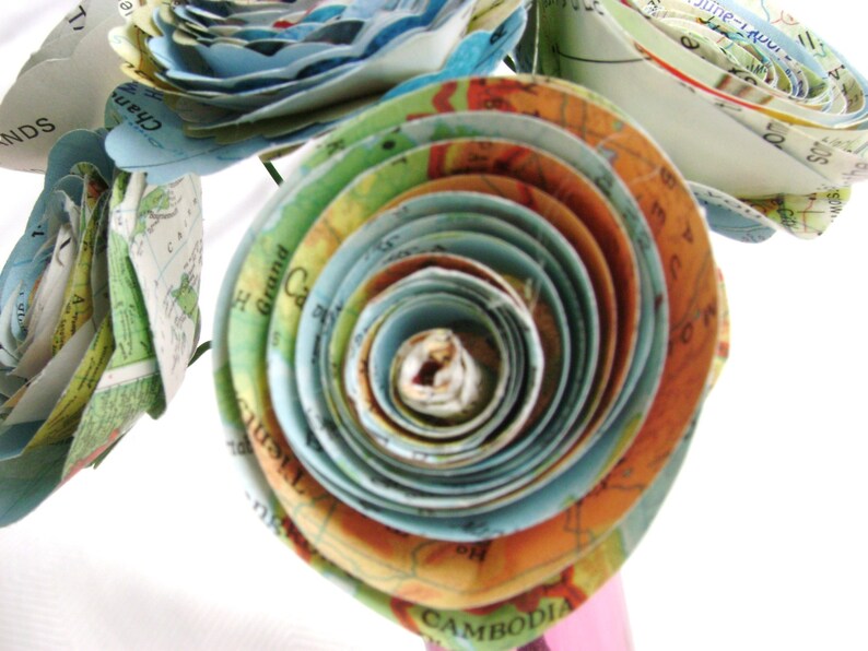 bulk map 50 spiral rolled roses from vintage atlas pages maps 1-1.5 inch or 2 2 1/4 no stems image 2