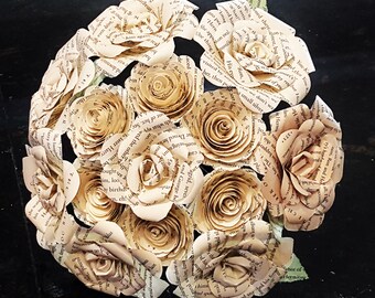 spiral and realistic style recycled book page paper roses alternative bridal bridesmaid toss centerpiece wedding bouquet