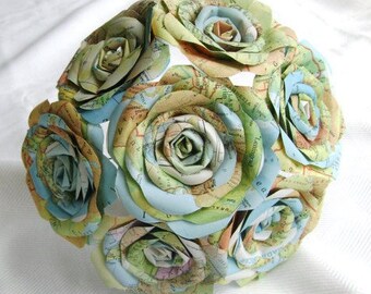 vintage atlas map paper rose bouquet for weddings or home decor as seen in WV Weddings magazine