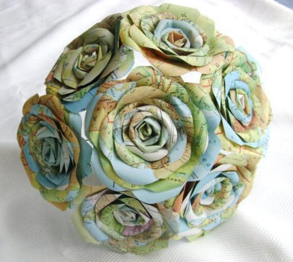the Elodie model map atlas mint green paper roses and pearls and lace bridal bouquet