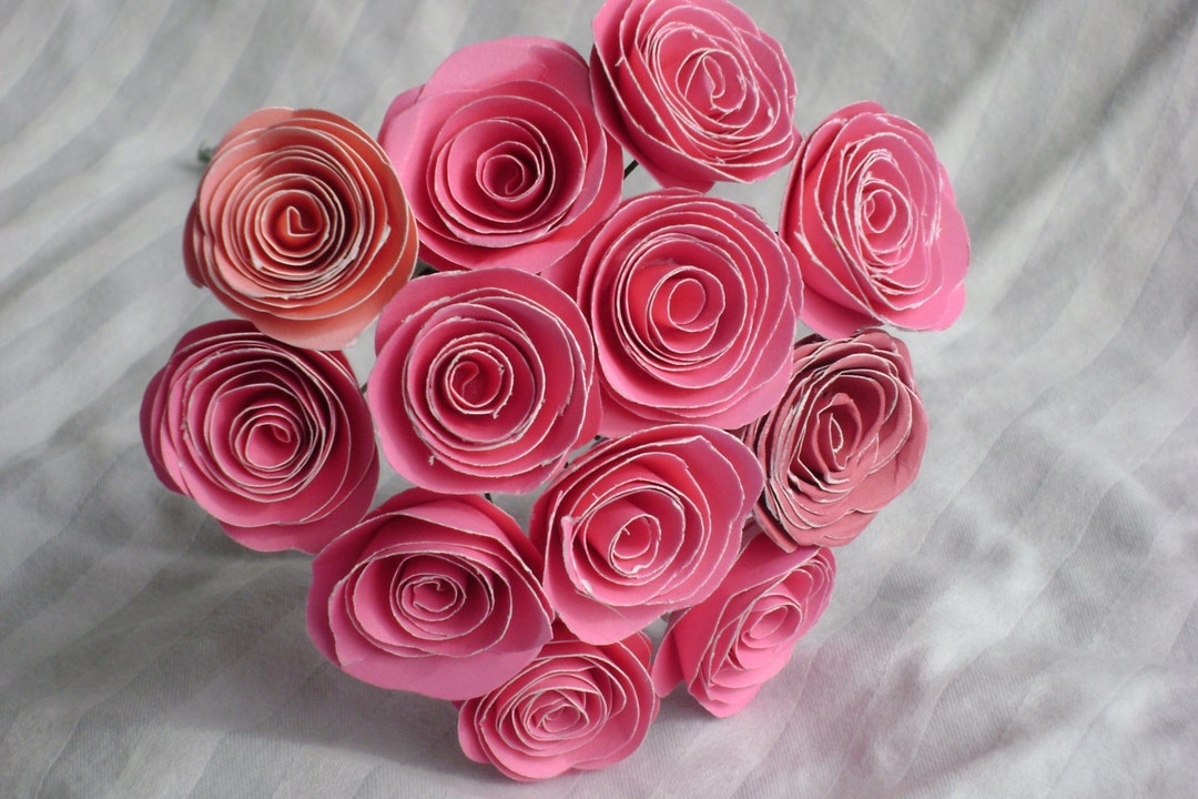 One Dozen Small Pink Spiral Rolled Paper Roses Bouquet Made From