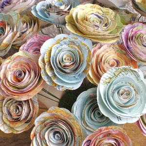 bulk map 50 spiral rolled roses from vintage atlas pages maps 1-1.5 inch or 2 2 1/4 no stems image 1