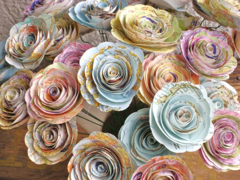 bulk map 50 spiral rolled roses from vintage atlas pages maps 1-1.5 inch or 2 2 1/4 no stems image 1