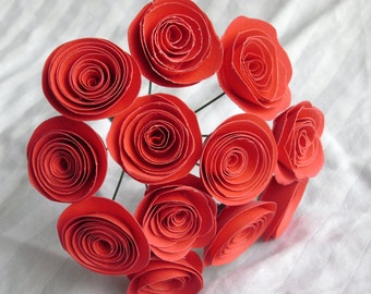 one dozen true red 12 spiral rolled paper roses bouquet alternative bridal bouquet toss flower girl Valentines flowers