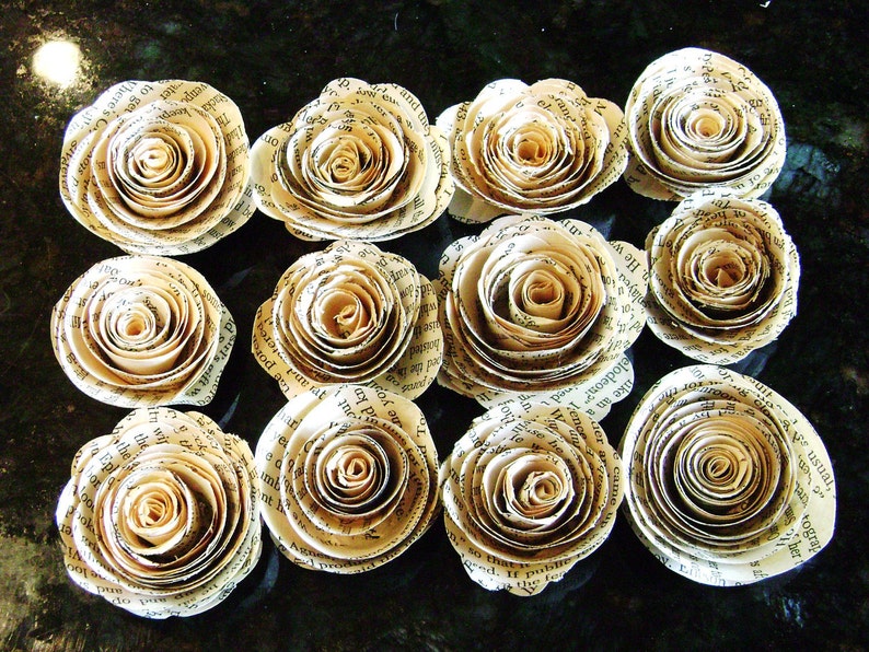 1 tiny spiral paper flower roses flat back no stems made from vintage book pages image 2