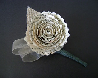 vintage book paper spiral rose boutonniere buttonhole with burlap leaf for weddings and homecoming or prom