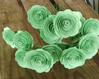1- 1 1/2" sized mint green paper roses spiral rolled flowers for brides bouquet wedding decorations bridesmaid toss flower girl ledger green