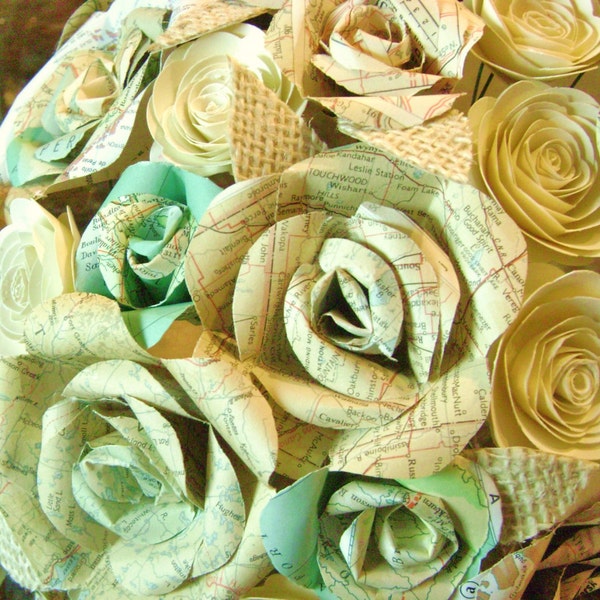 The Emmie bridal bouquet alternative ivory burlap leaves, beige and aqua map  cream cardstock roses for outdoor farmhouse country wedding