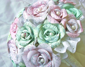 the Elodie model map atlas mint green paper roses and pearls and lace bridal bouquet