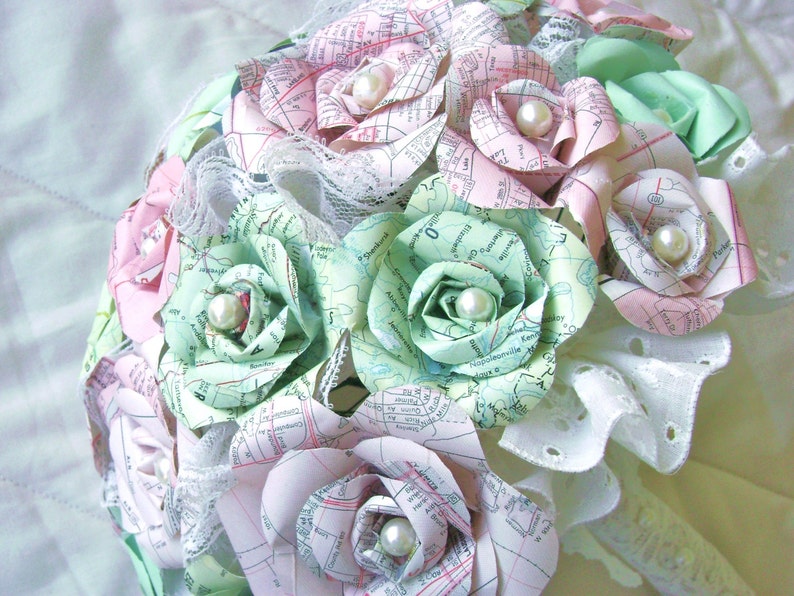 the Elodie model map atlas mint green paper roses and pearls and lace bridal bouquet
