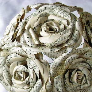 vintage hymnal/sheet music paper roses wedding bouquet toss rehearsal recycled alternative steampunk book page centerpiece