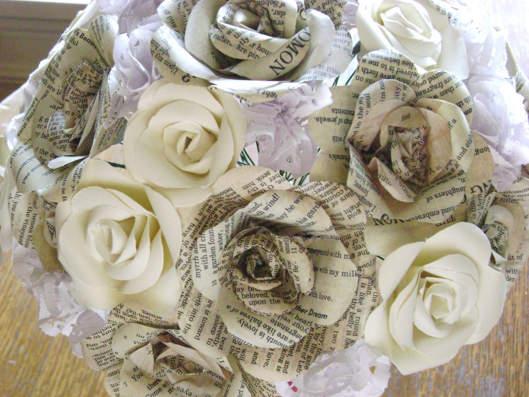 The Evie Bible Book Paper Rose Bouquet With Paper Ruffles and Cream