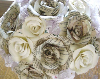 The Evie Bible book paper rose bouquet with paper ruffles and cream cardstock roses stems wrapped with lace