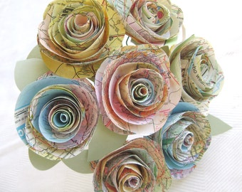 The Stephanie Jr vintage atlas map wedding bridesmaid toss bouquet with 3" spiral cabbage roses and leaves